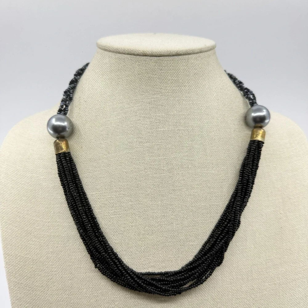 Necklace Black Seed Bead Multi Strand Gray Faux Pearl Boho Statement Collar Gold